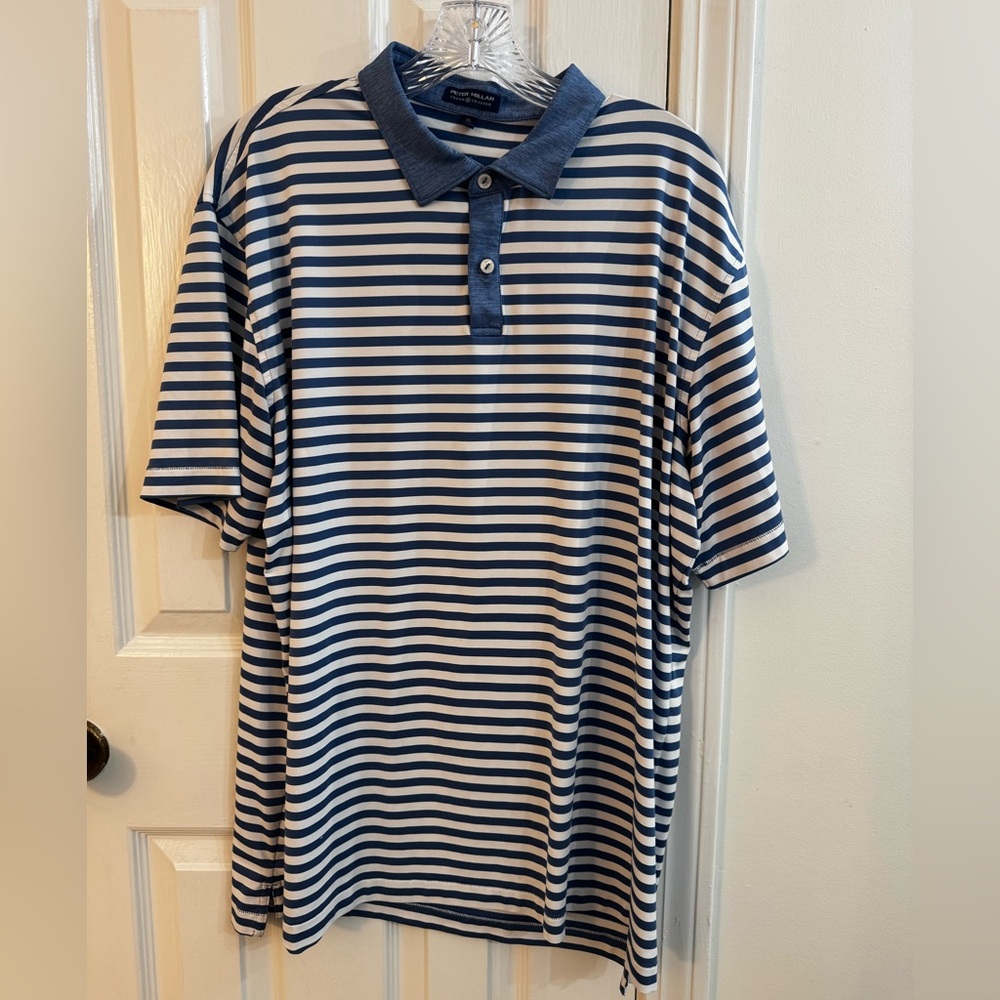 Peter Millar Blue and White Striped Polo Shirt XL
